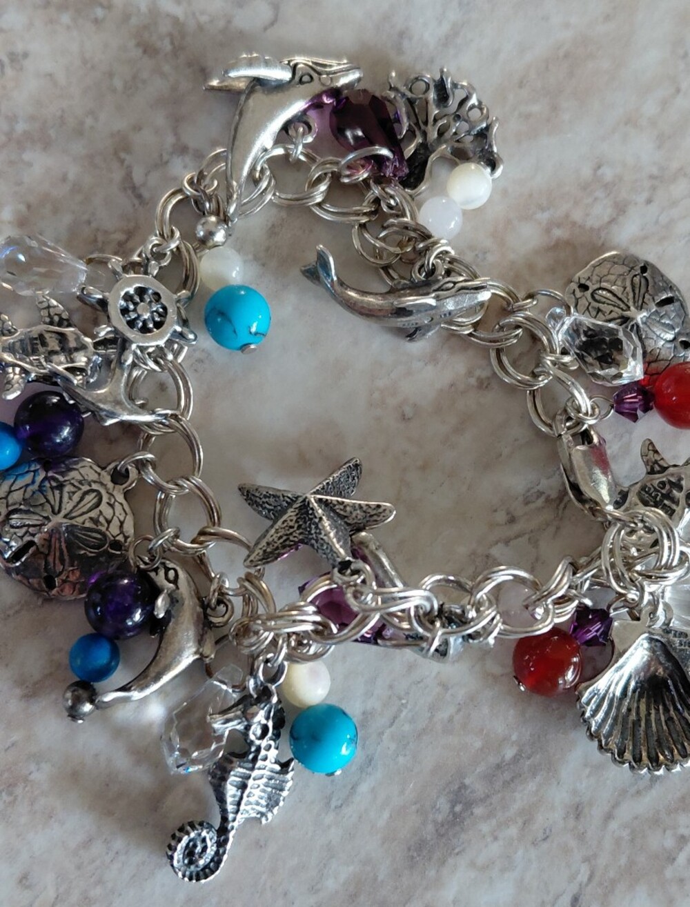 Silver Sea Charm Oceans Creatures Bracelet with Turquoise, Purple & Red Beads